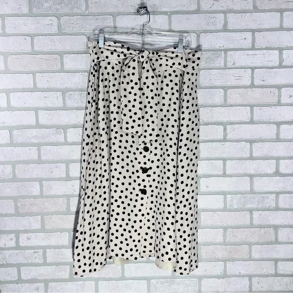Ann Taylor Black and Cream Polka Dot Button Front Tie Belt Midi Skirt Size 18 - Picture 4 of 11